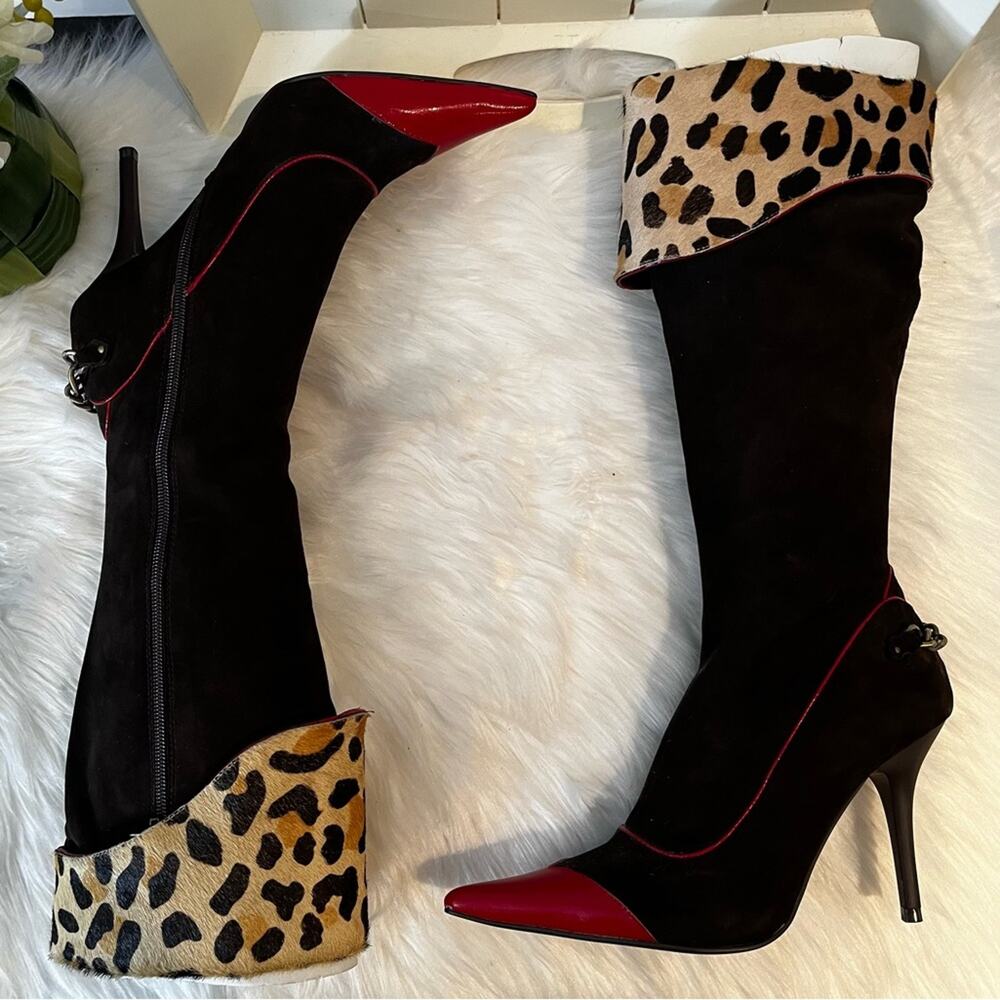 NEW NYLA Suede Leopard Hair Calf Ryba Classic High Heel Knee Boots Chocolate… - Picture 3 of 16